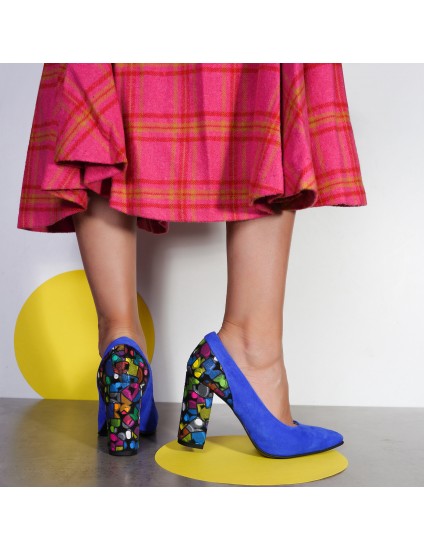 Pantofi Piele Intoarsa Albastru Electric Toc Color V23 - Orice Culoare