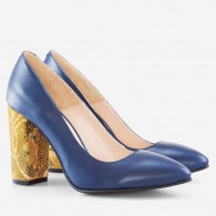 Pantofi Albastru/Auriu varf ascutit cu toc gros D17 - orice culoare
